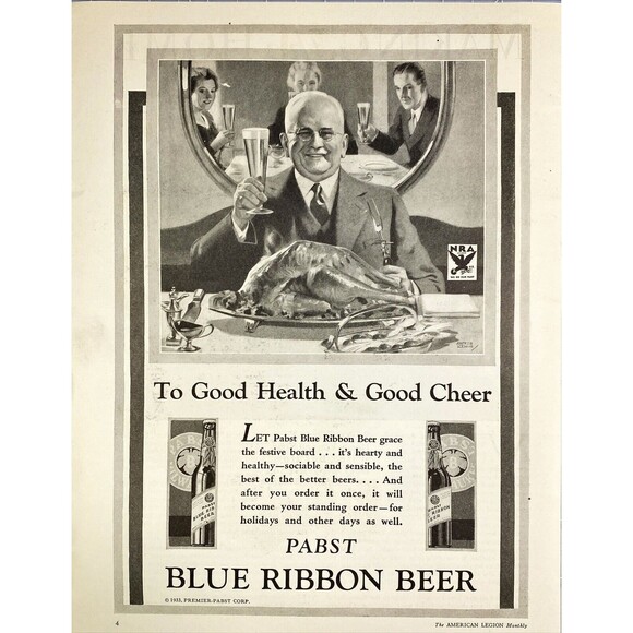 Pabst Blue Ribbon Other - Pabst Blue Ribbon Beer & National Rife Assoc. "Happy Holiday" Vtg Print Ad 1933